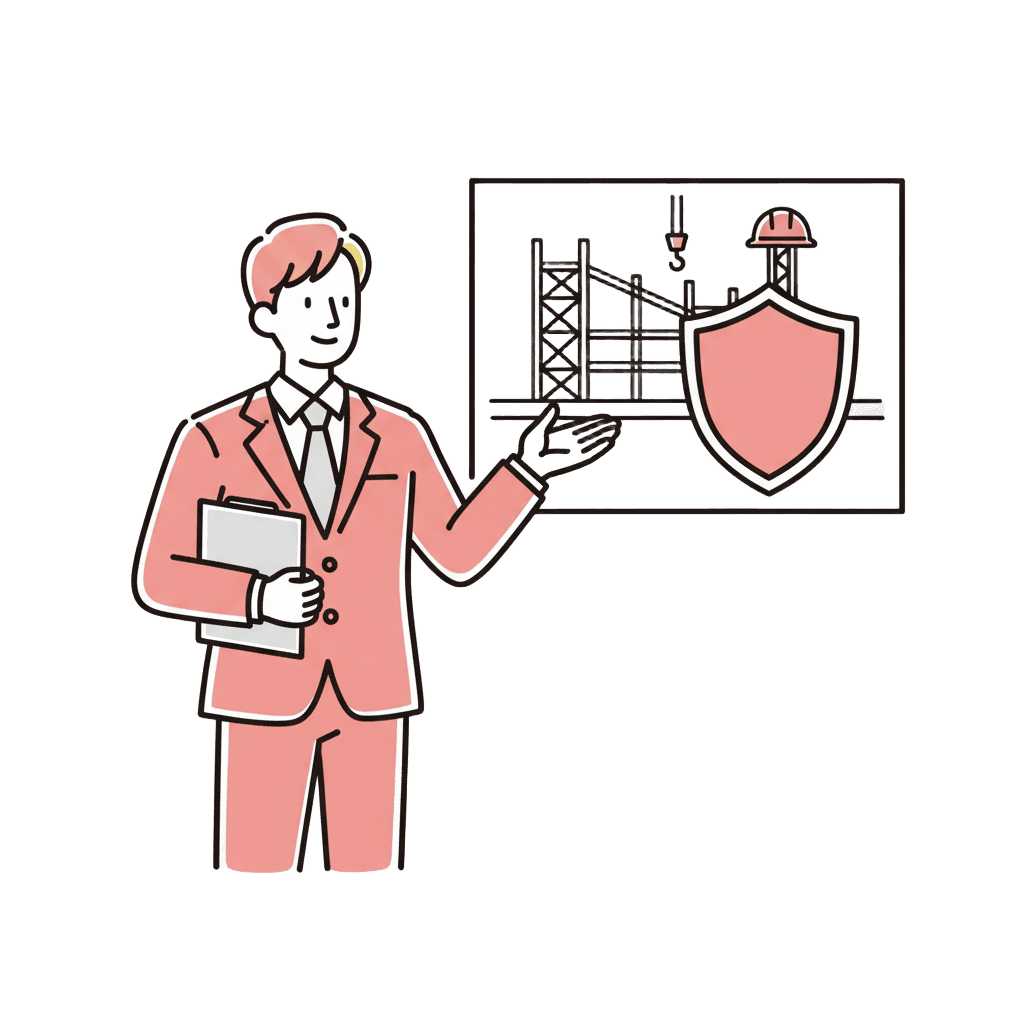 建設現場を俯瞰しながら保険プランを整理するイラスト