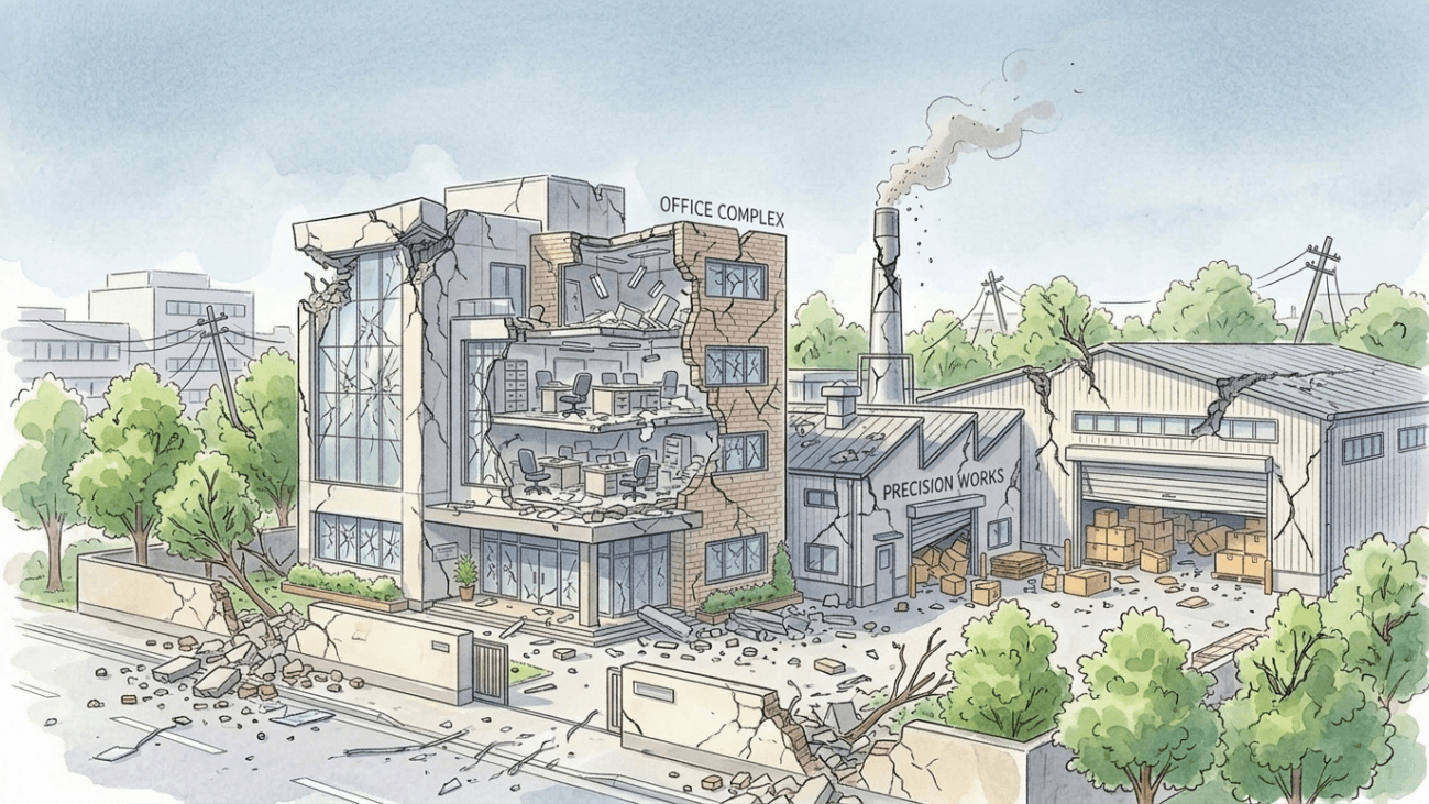 地震で倒壊したオフィスビルの水彩イラスト