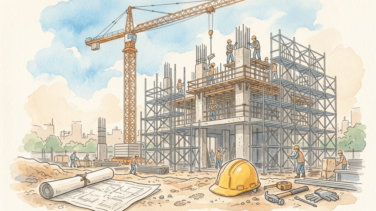 建設現場のクレーンと足場の水彩イラスト