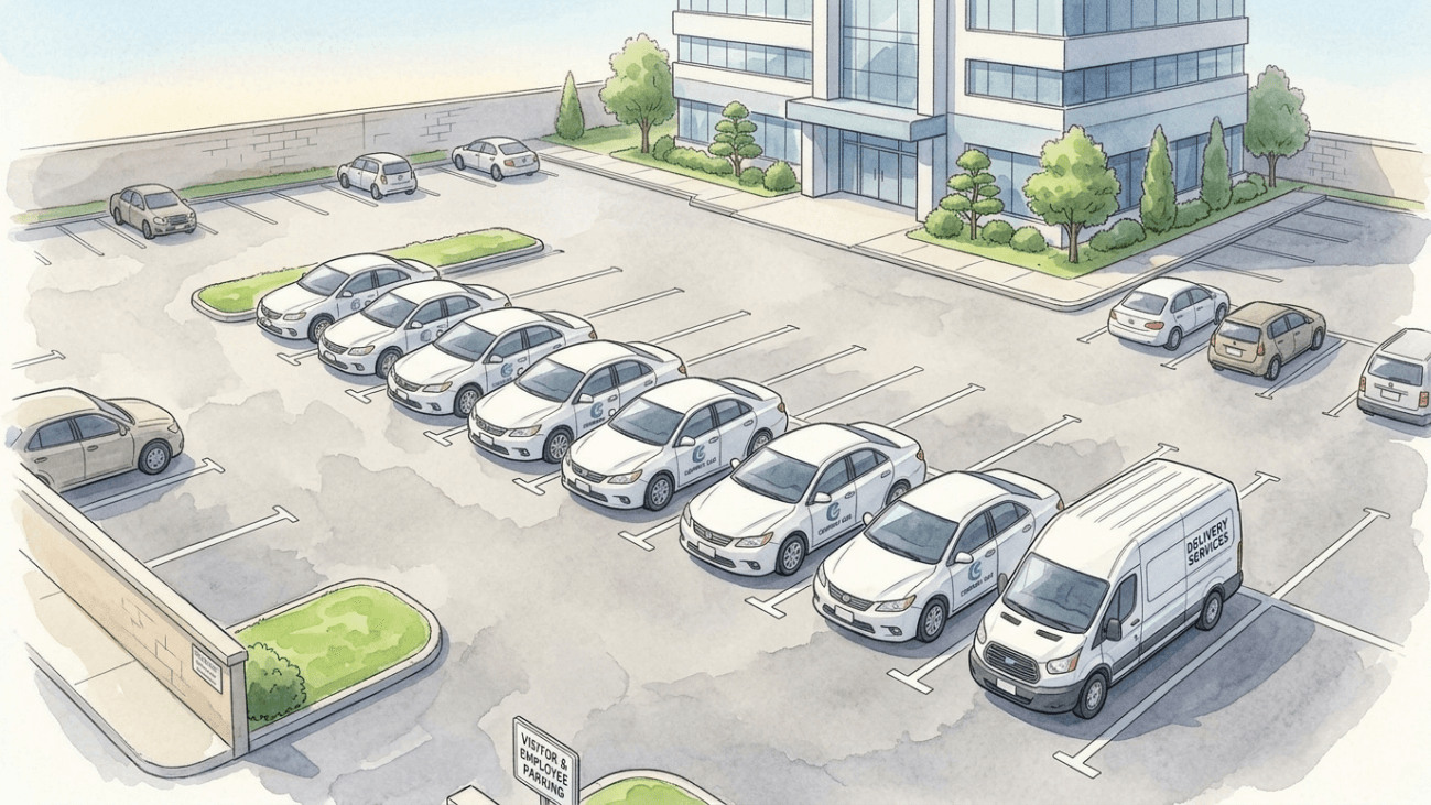 社用車が整列した駐車場の水彩イラスト