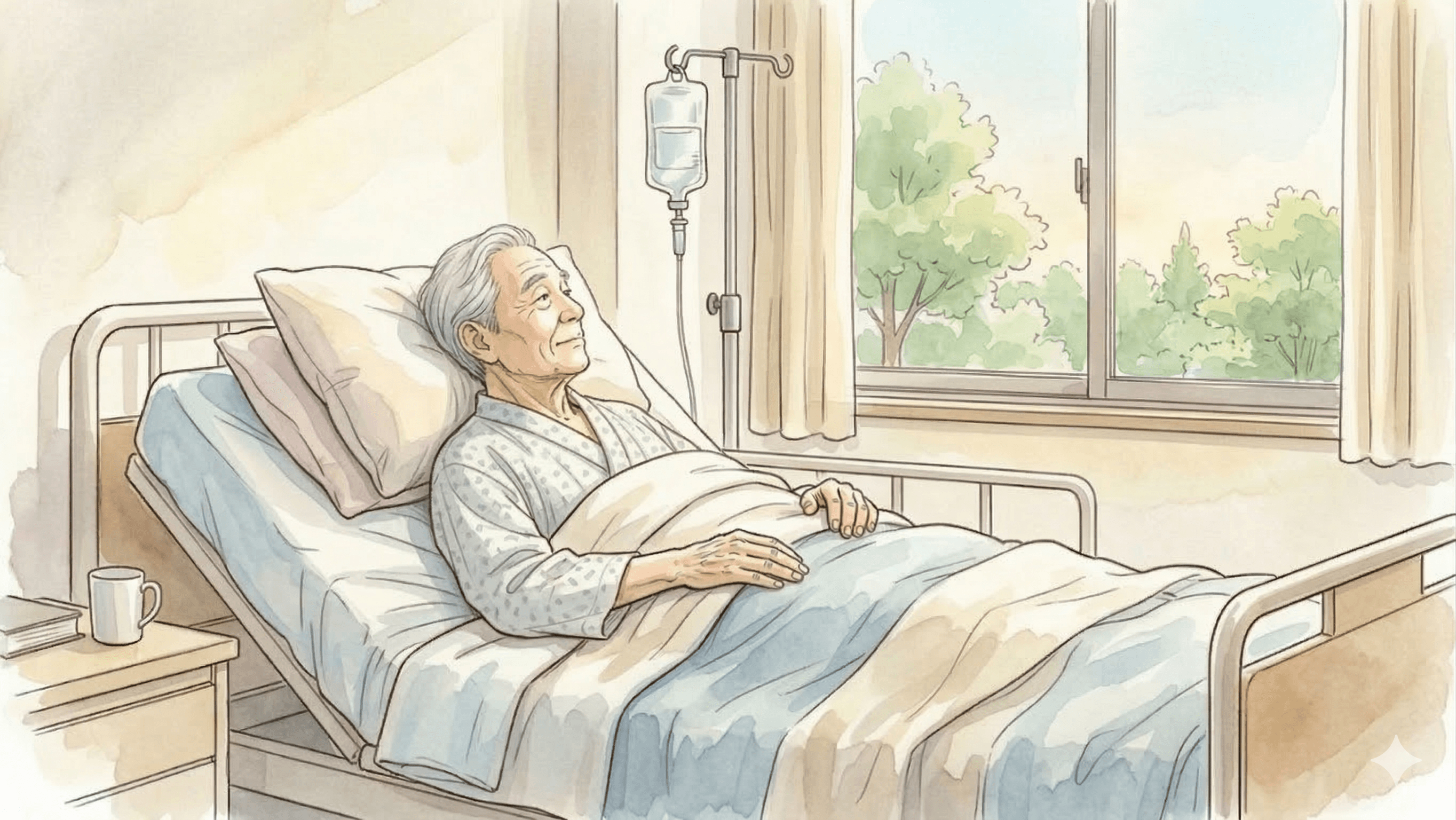 家族が医師の診察を受ける水彩イラスト